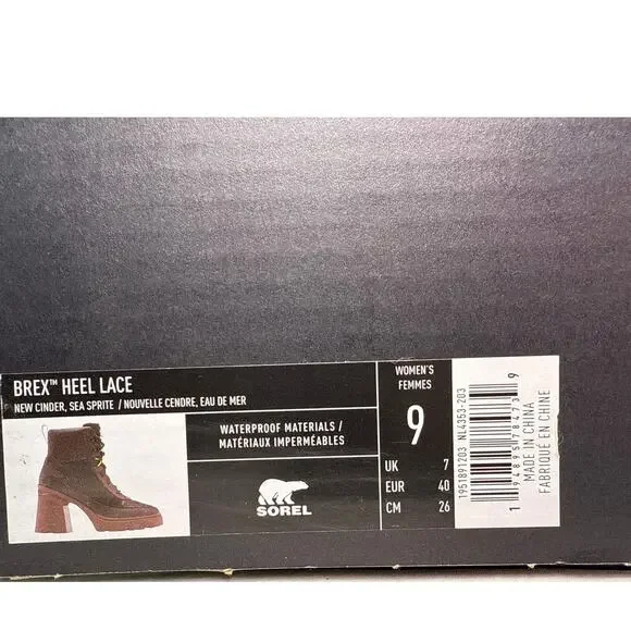 Sorel Brex Heel Lace Bootie Womens 9 Waterproof Leather New Cinder Sea Sprite